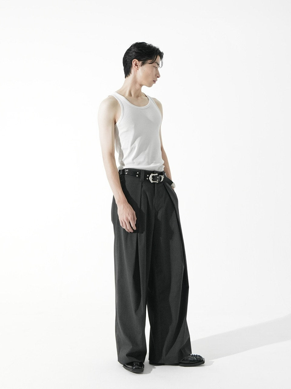 【CS】stripe cross tuck drape slacks (gray)