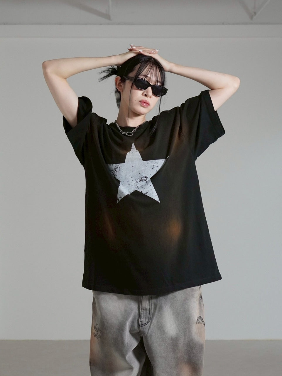 受注制【Chikashitsu +】pigment big star t-shirt (2color) / 【チカシツプラス】ピグメントビッグスタープリント半袖Tシャツ