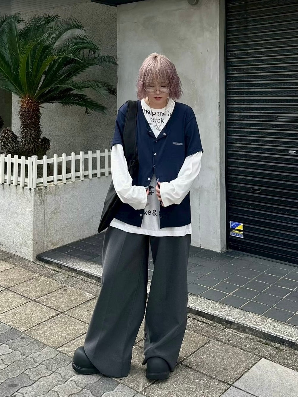 【Chikashitsu +】croque lettering long sleeve / 【チカシツプラス】モックネックレタリング長袖Tシャツ(2color)