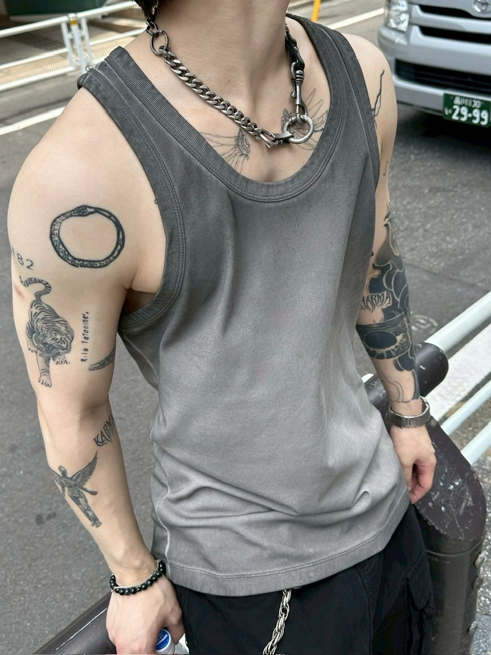 受注制【Chikashitsu +】dirty wash sleeveless / 【チカシツプラス】ダーティウォッシュタンクトップ (2color)