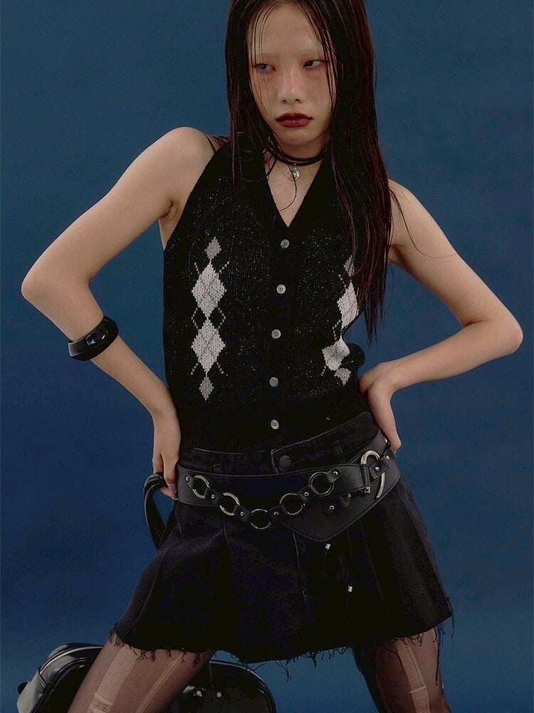 【NOT KNOWING】Argyle Linen Knit Halter Top / 【ノットノーイング】アーガイルリネンニットホルターベスト