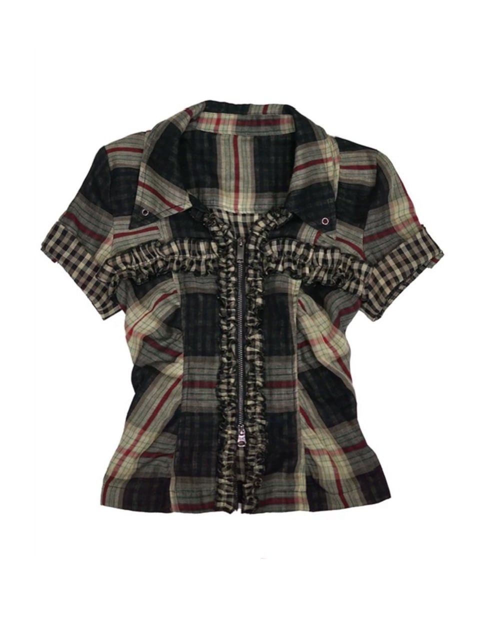 【Cest Nous】Lace Trim Plaid Shirt / 【セヌー】レースフリルチェックブラウス
