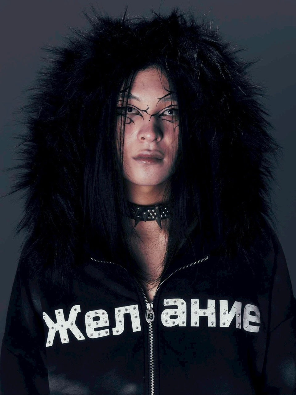 【DIG YOUR OWN GRAVE】Желание FUR HOODIE /【ディグユアオウングレイブ】ファーフードフードジェラーニエロゴジップアップパーカー