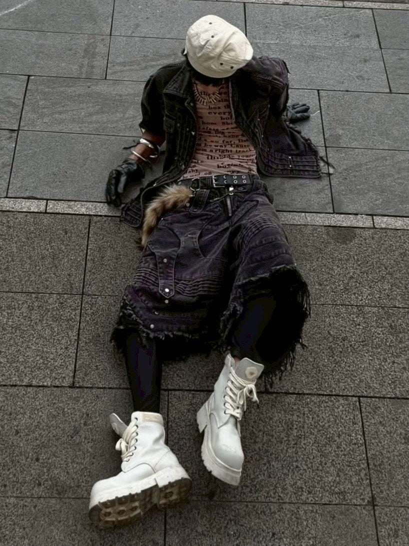 1/2 20:00再販【RICH】Knight Wide Waxed Short Pants/ 【リッチ】デザインデニムダメージハーフパンツ