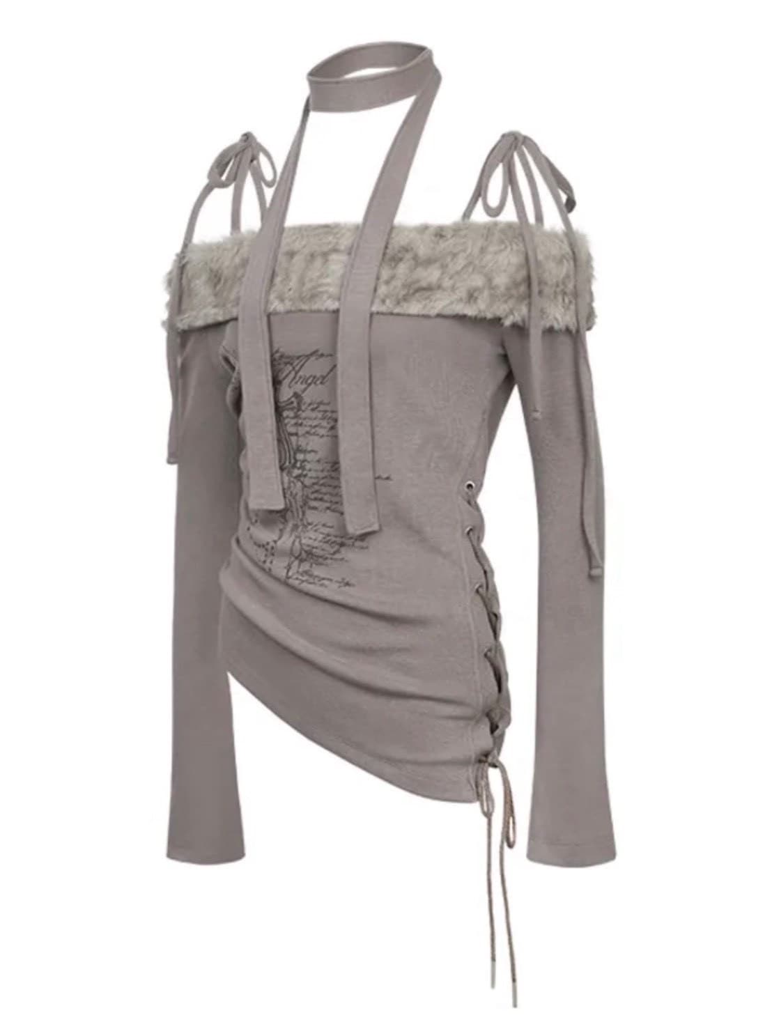 【NOT KNOWING】Fur Off Shoulder Lace Up Top