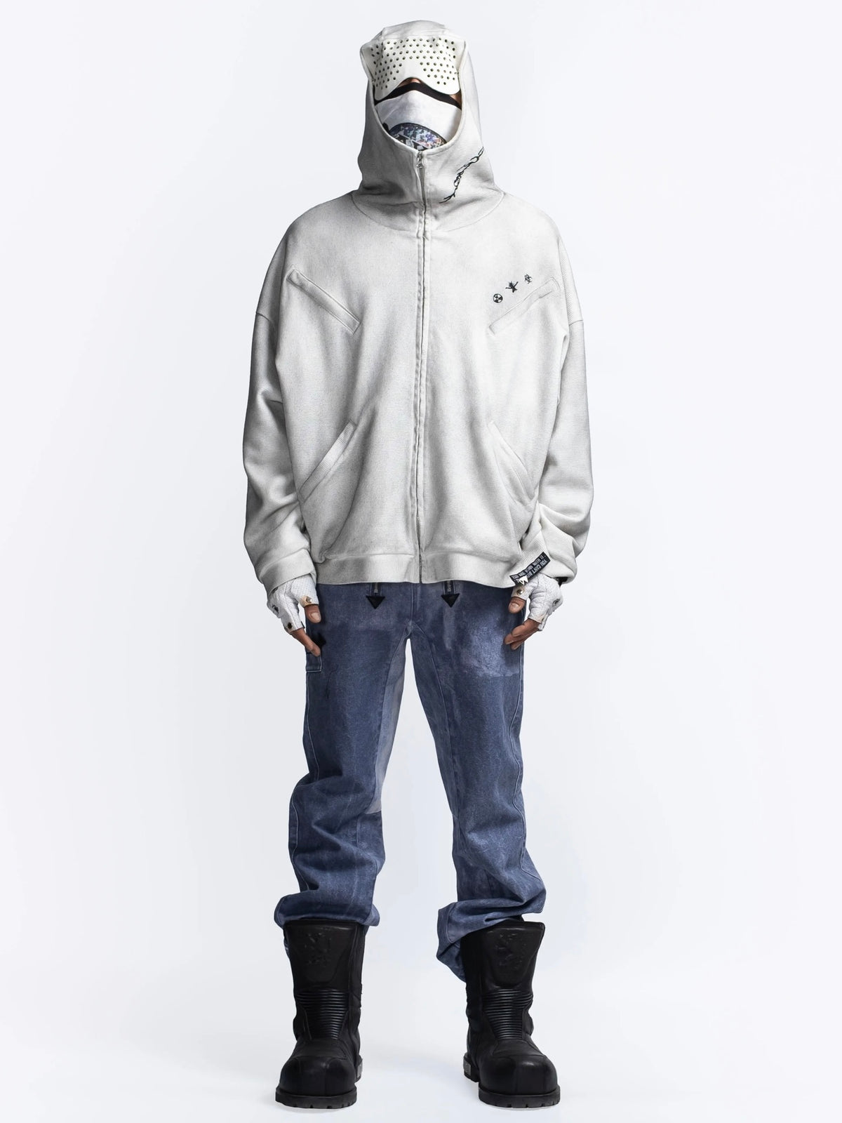 【F.V.V.O】Waffle Embroidered Mask Oversized Zip Hoodie