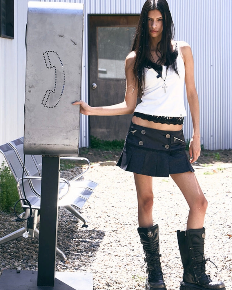 【NOT KNOWING】Double Button Pleated Skirt