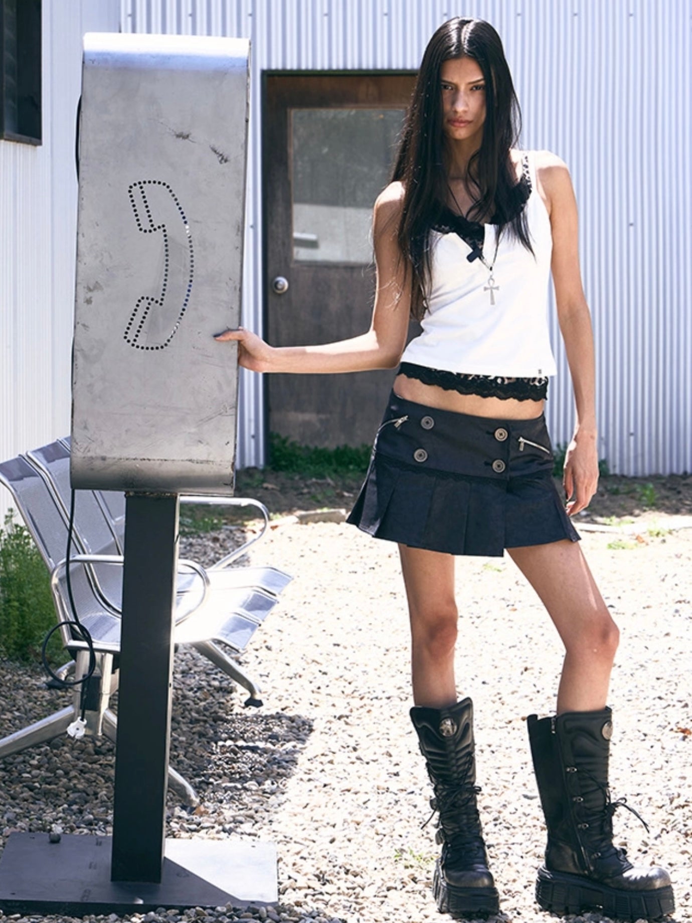6/6 20:00発売【NOT KNOWING】Double Button Pleated Skirt