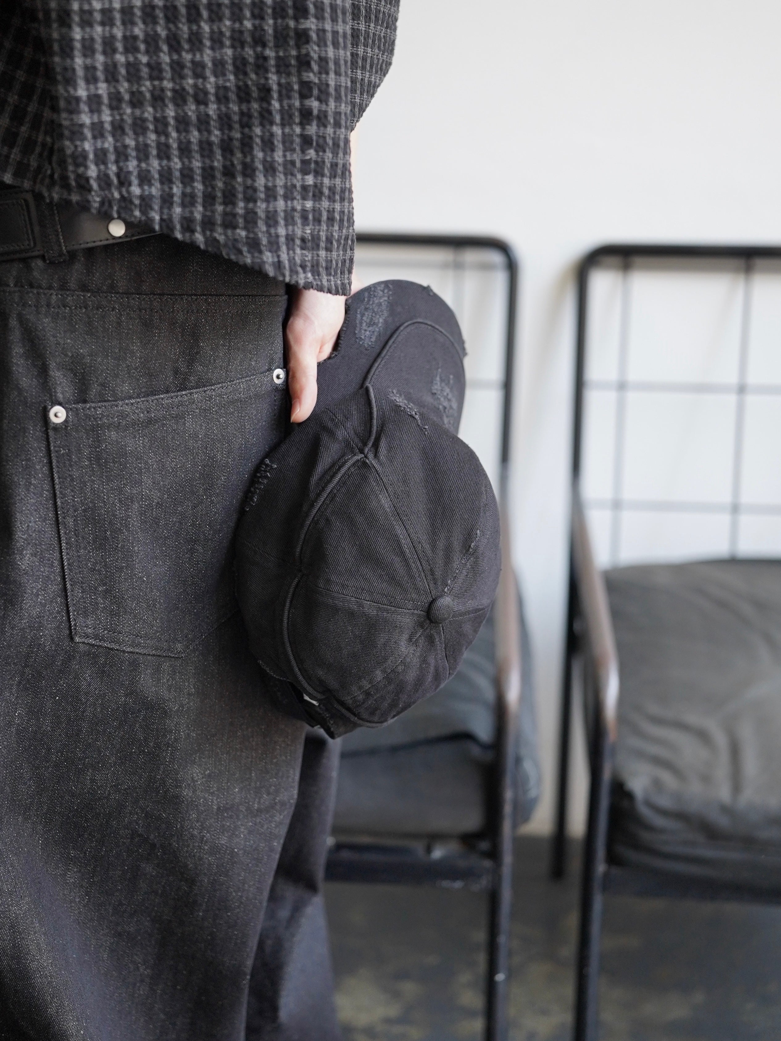 5/23 20:00発売【CHIKASHITSU PLUS HIGH】Arch washed denim cap (wash black)