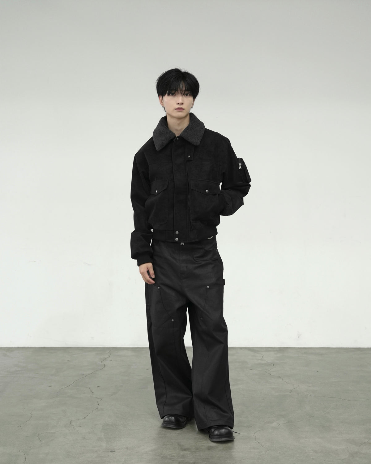 【CHIKASHITSU PLUS HIGH】Boa collar faux leather flight jacket
