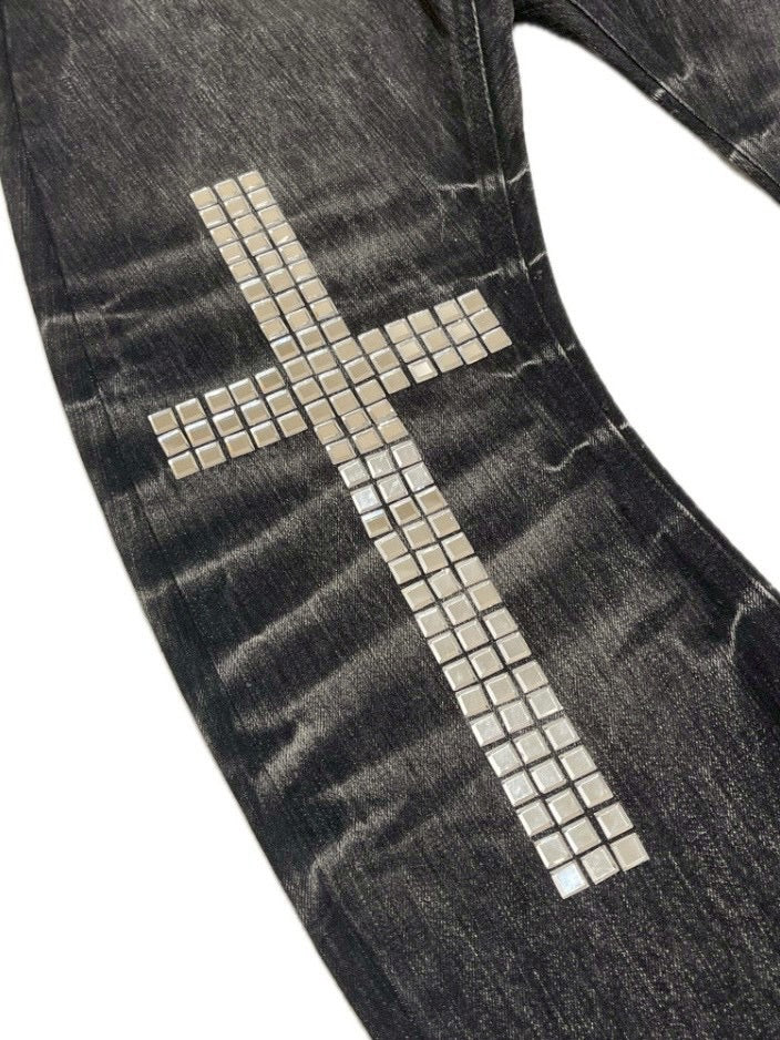 7/11 20:00発売　国際配送【BABY09】cross studs flare denim pants