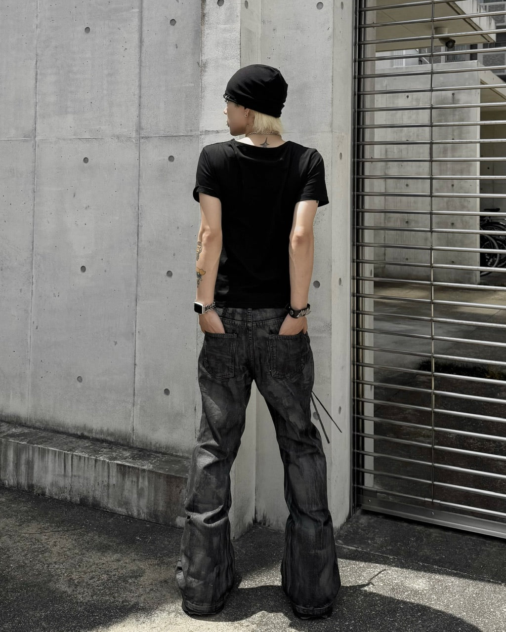 国際配送【Never mind the XU】vintage waxed flare denim pants
