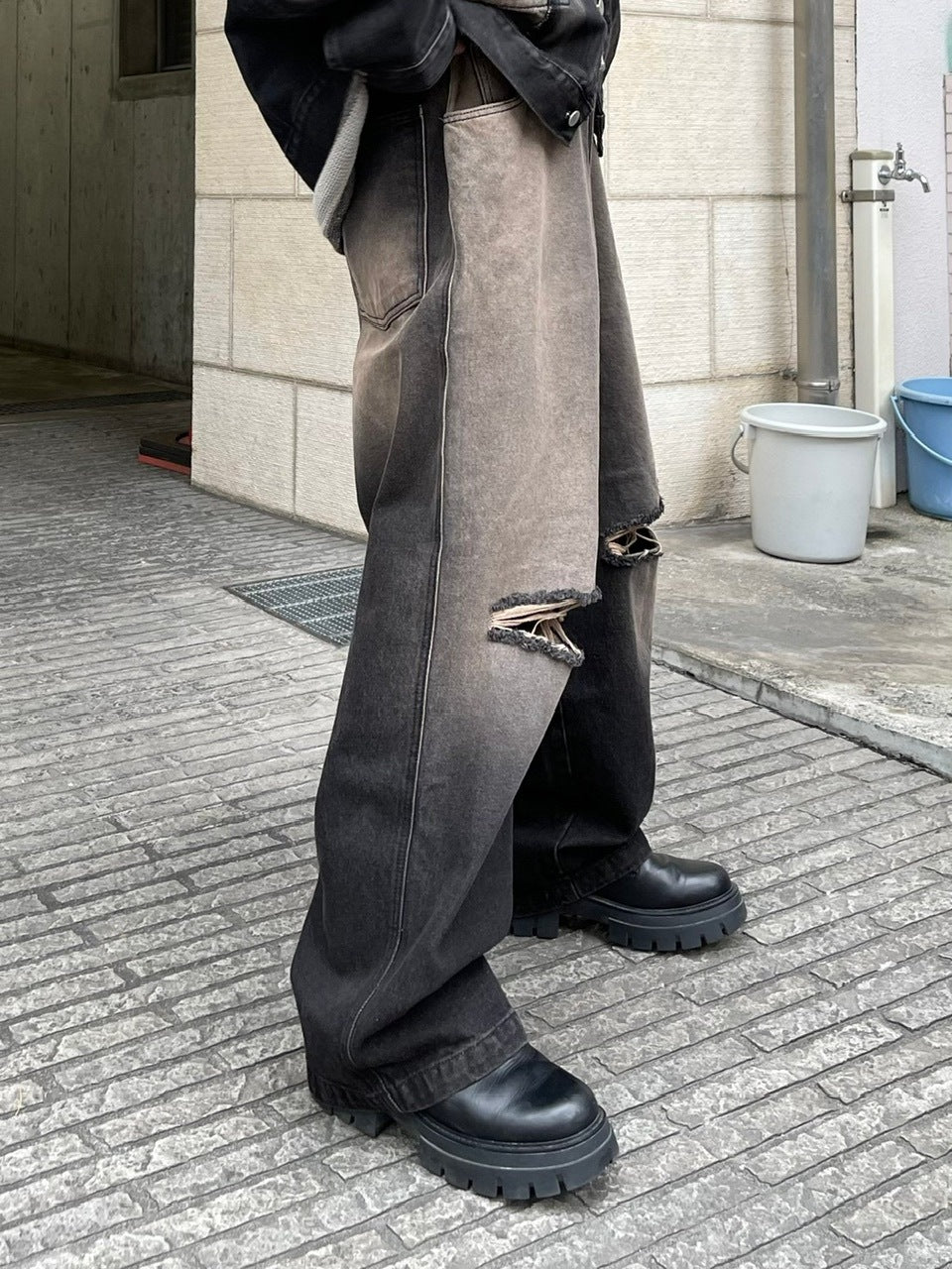 受注制【Chikashitsu +】vintage wash damage denim pants (2color)