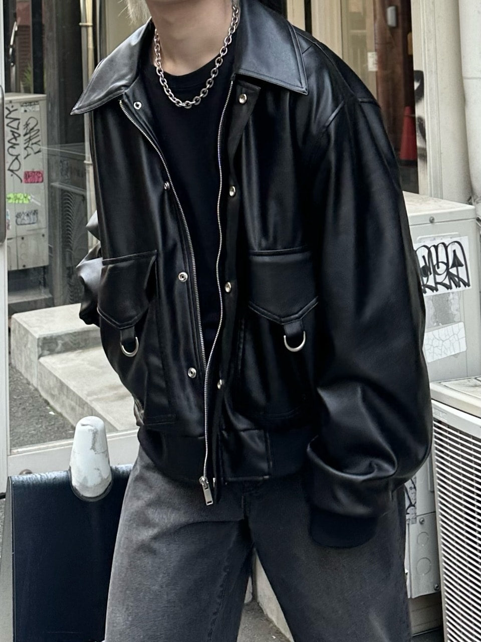 大阪店WEB限定【Chikashitsu +】double pocket leather jumper (3color)