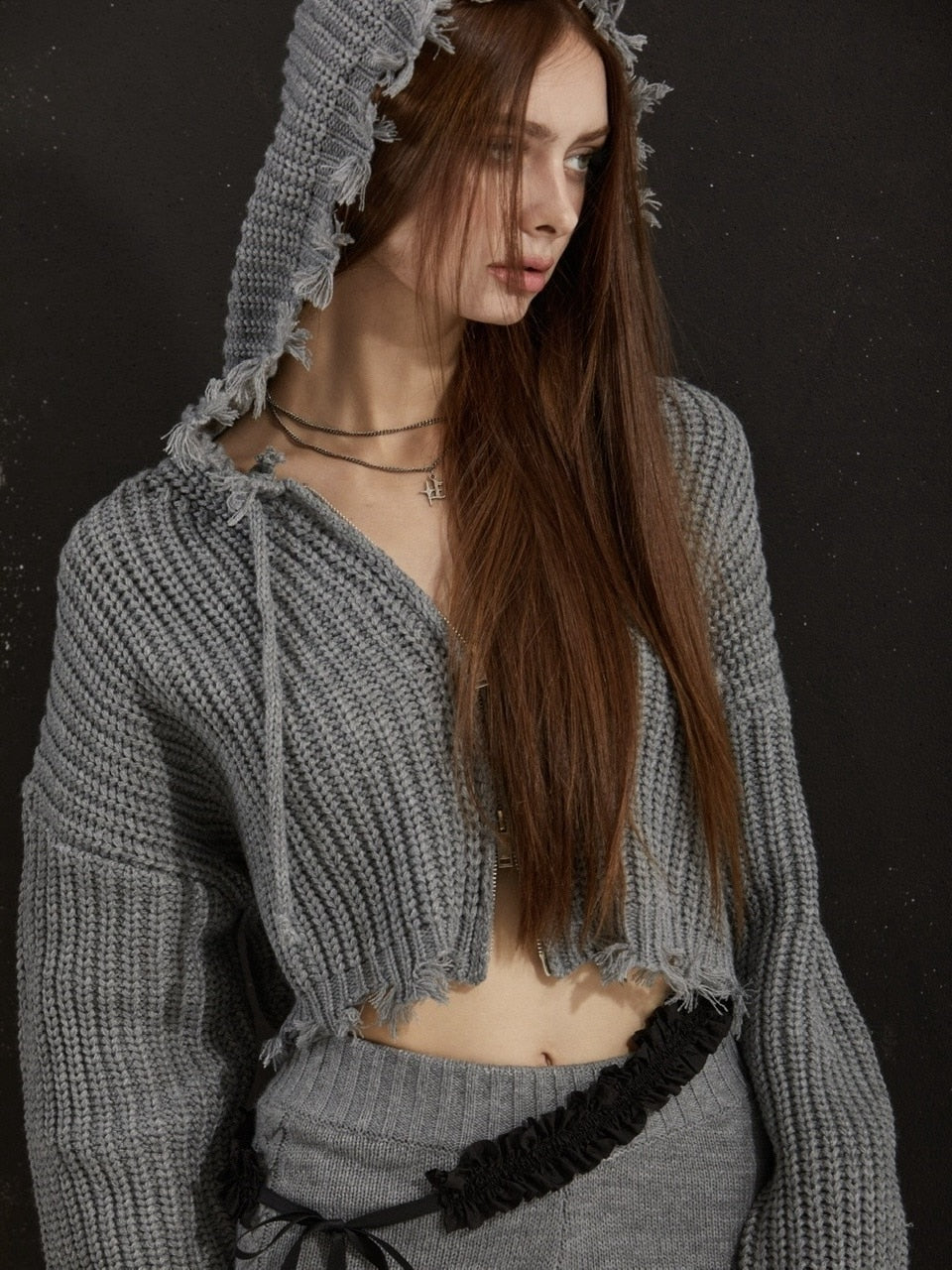 【GATELESS】RIB KNIT ZIP-UP HOODIE