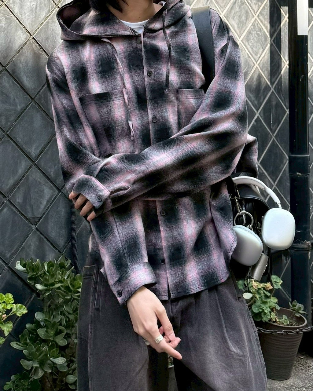 受注制【Chikashitsu +】tartan check hooded shirt (3color) / 【チカシツプラス】タータンチェックフード付き長袖シャツ