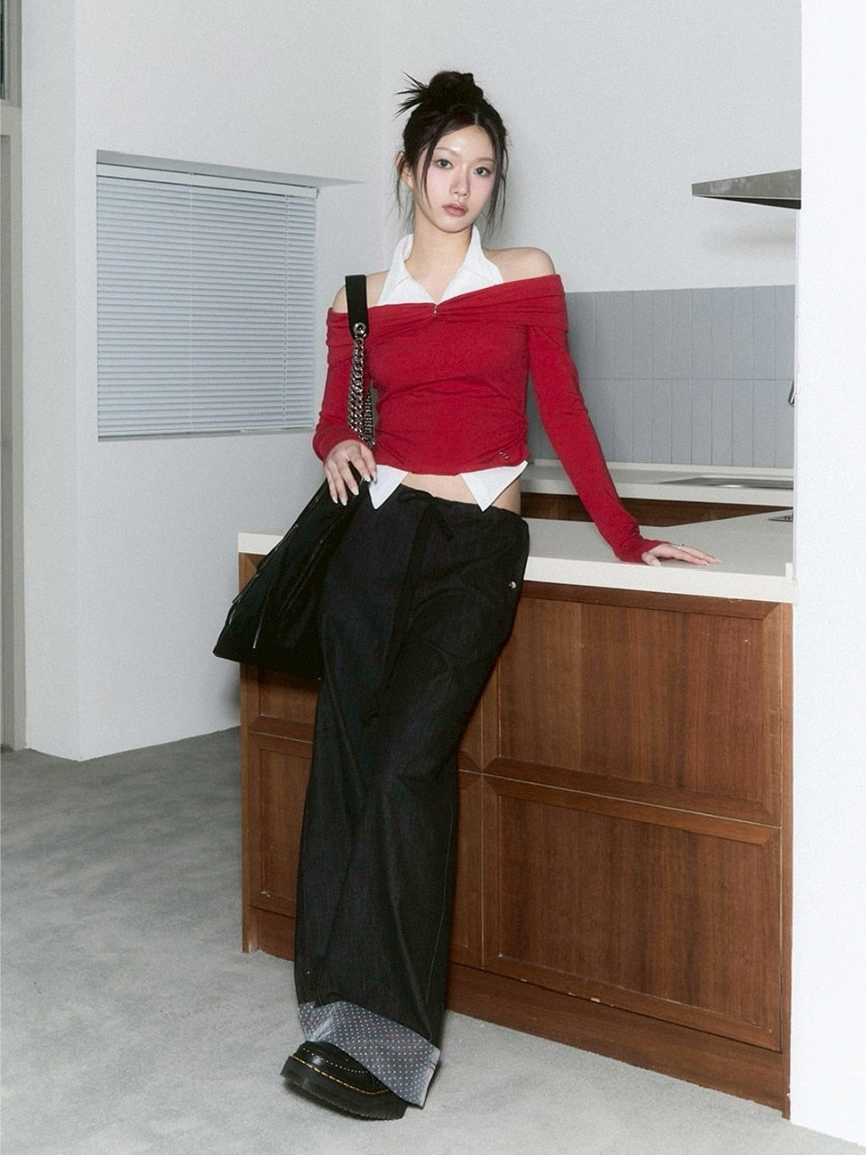 【CHERRYQUIRI】shirts layered off shoulder top