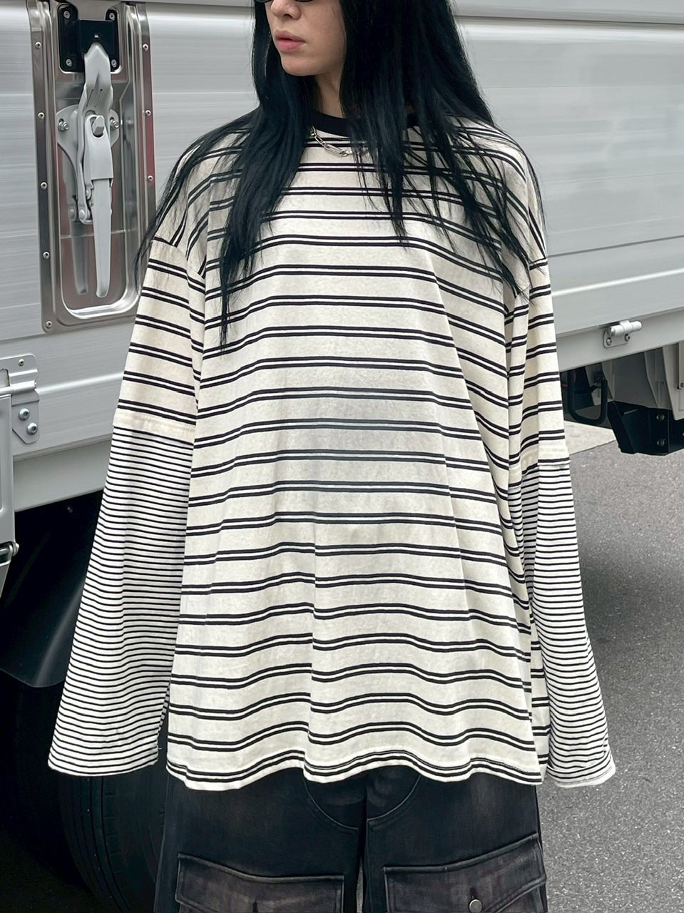 【Chikashitsu +】oversized layered border washed long sleeve / 【チカシツプラス】オーバーサイズウォッシュドレイヤードボーダー長袖Tシャツ(2color)