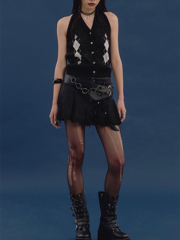 【NOT KNOWING】Argyle Linen Knit Halter Top / 【ノットノーイング】アーガイルリネンニットホルターベスト