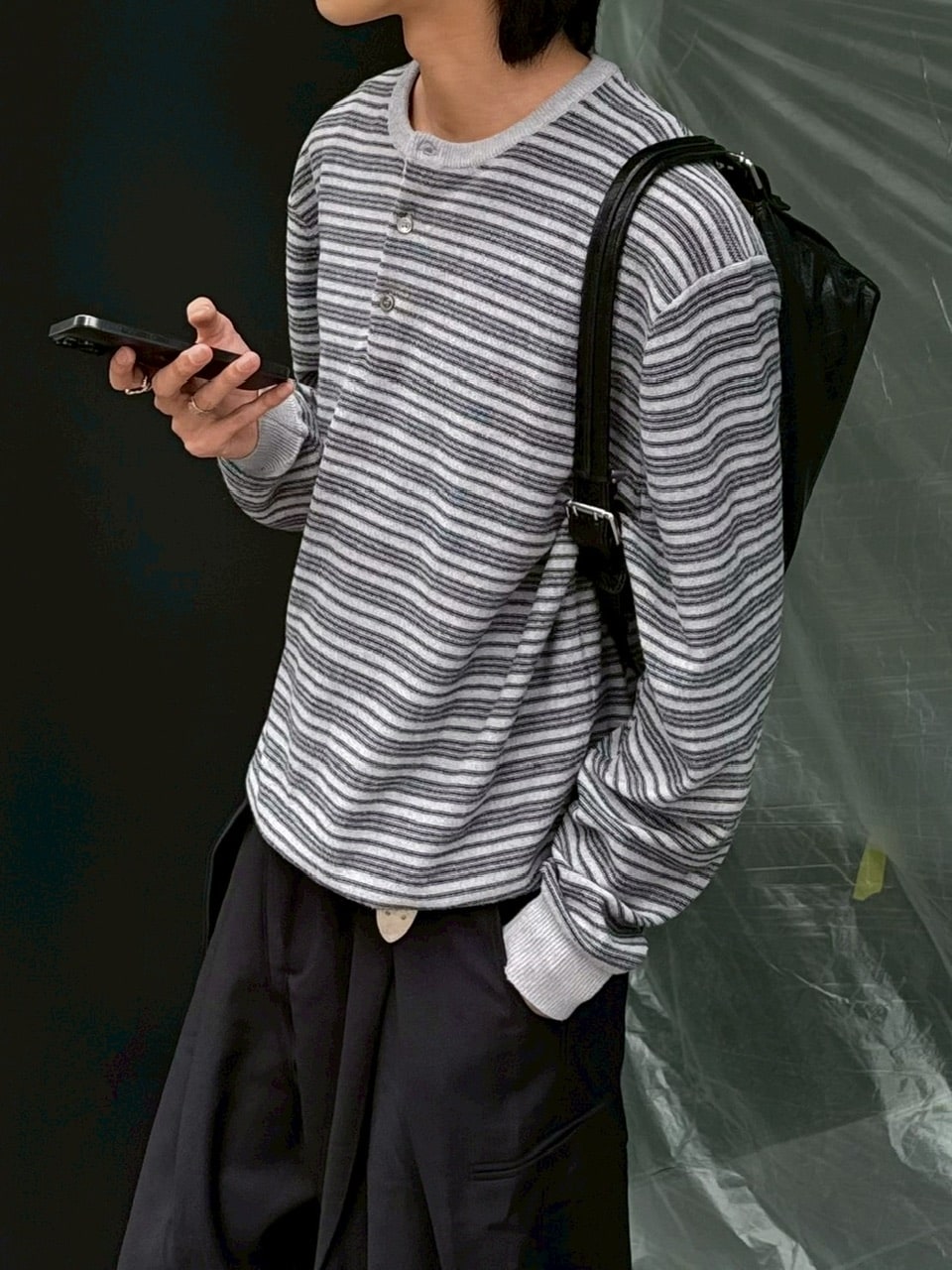 受注制【Chikashitsu +】cropped henry neck border knit / 【チカシツプラス】クロップドヘンリーネックボーダーニット (3color)