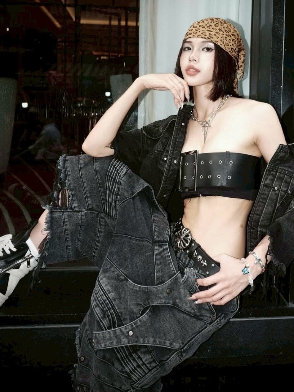 1/2 20:00再販【RICH】Knight Wide Waxed Short Pants/ 【リッチ】デザインデニムダメージハーフパンツ