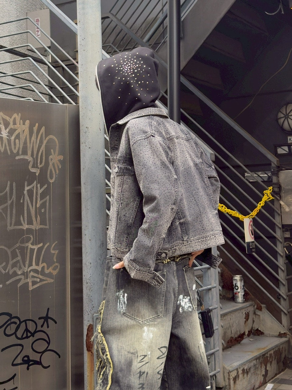 【Never mind the XU】rhinestone denim jacket / 【ネバーマインドザエックスユー】ラインストーンデニムジャケット (2color)