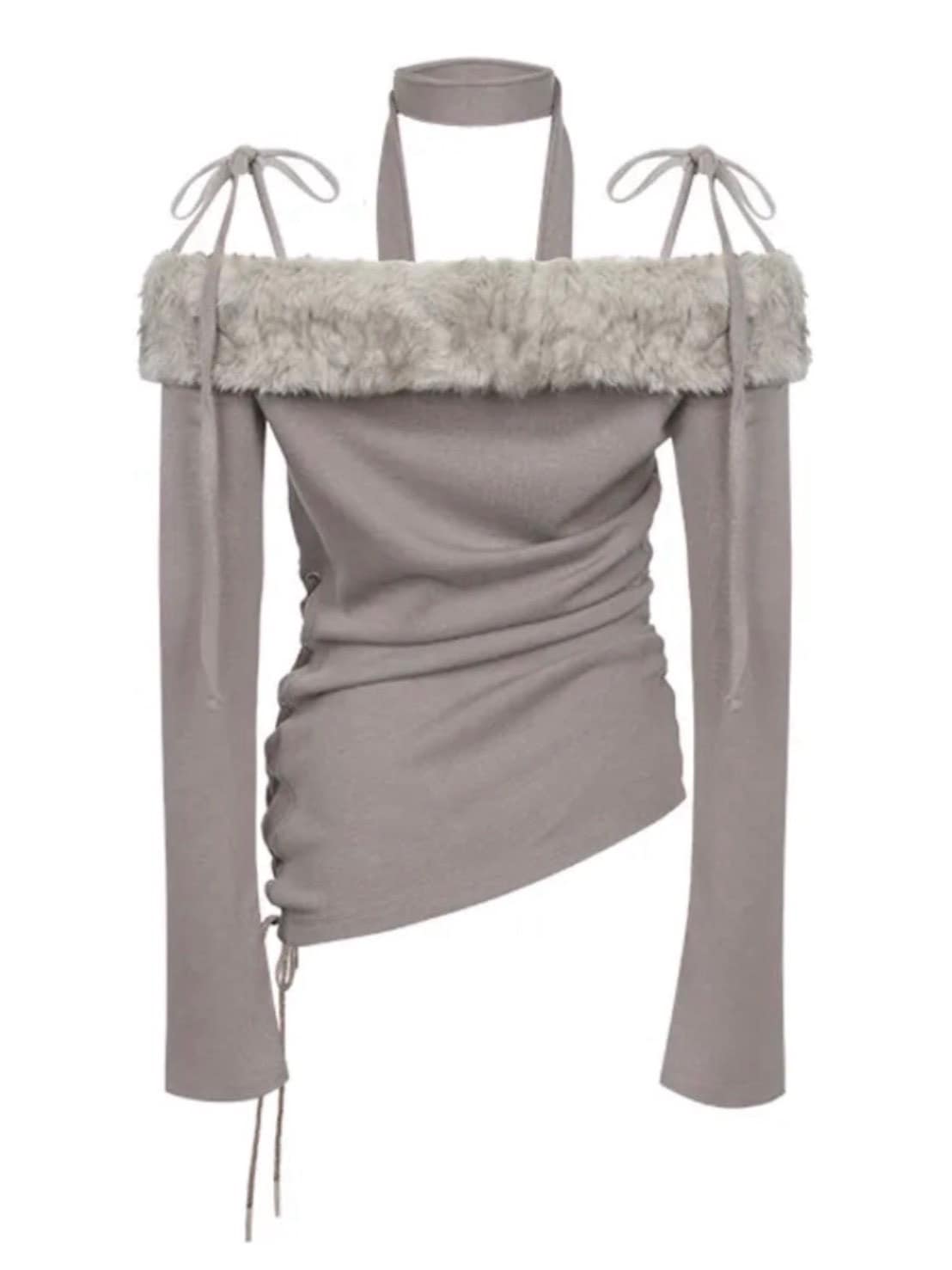 【NOT KNOWING】Fur Off Shoulder Lace Up Top