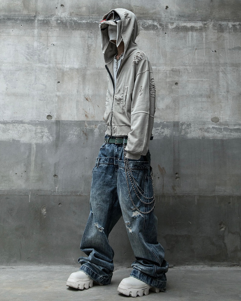 【roaringrad】Damage Crop Hoodie Jacket