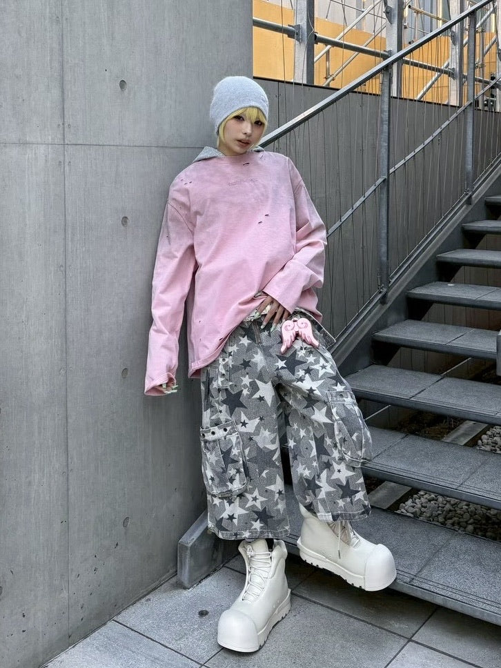 国際配送【Never mind the XU】damage washed long sleeve (3color)