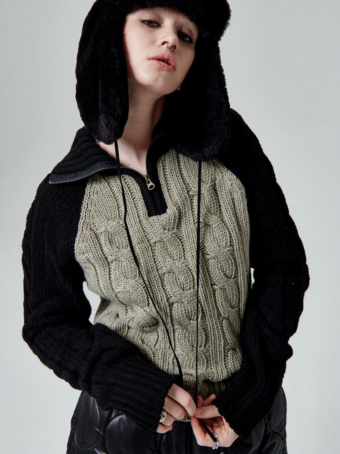 【runningHIGH】COLOR BLOCK TURTLENECK ZIP UP KNIT PULLOVER