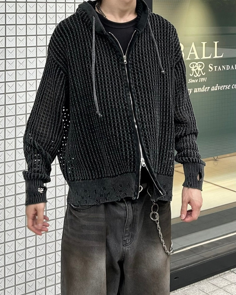 大阪店WEB限定受注制【Chikashitsu +】mesh zip damage hoodie (2color) / 【チカシツプラス】メッシュダメージジップアップ長袖パーカー