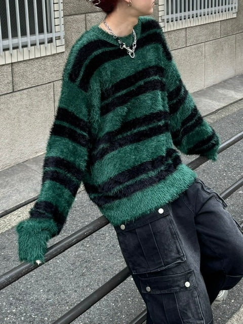受注制【Chikashitsu +】hairy border knit (3color) / 【チカシツプラス】ヘイリーボーダーニット