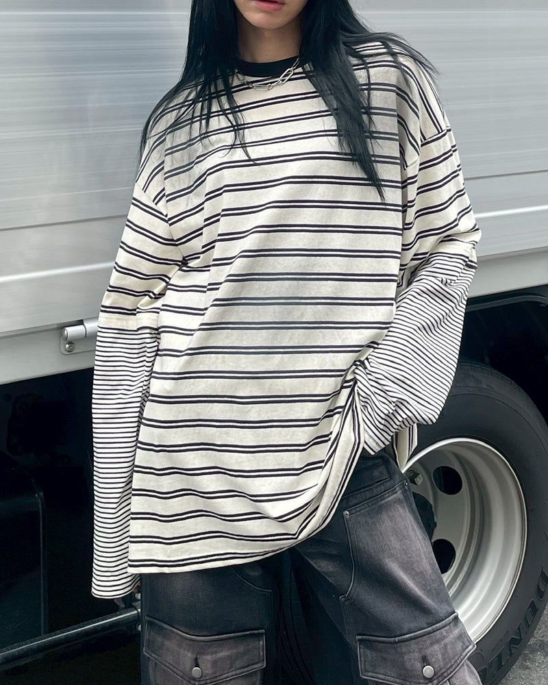 【Chikashitsu +】oversized layered border washed long sleeve / 【チカシツプラス】オーバーサイズウォッシュドレイヤードボーダー長袖Tシャツ(2color)
