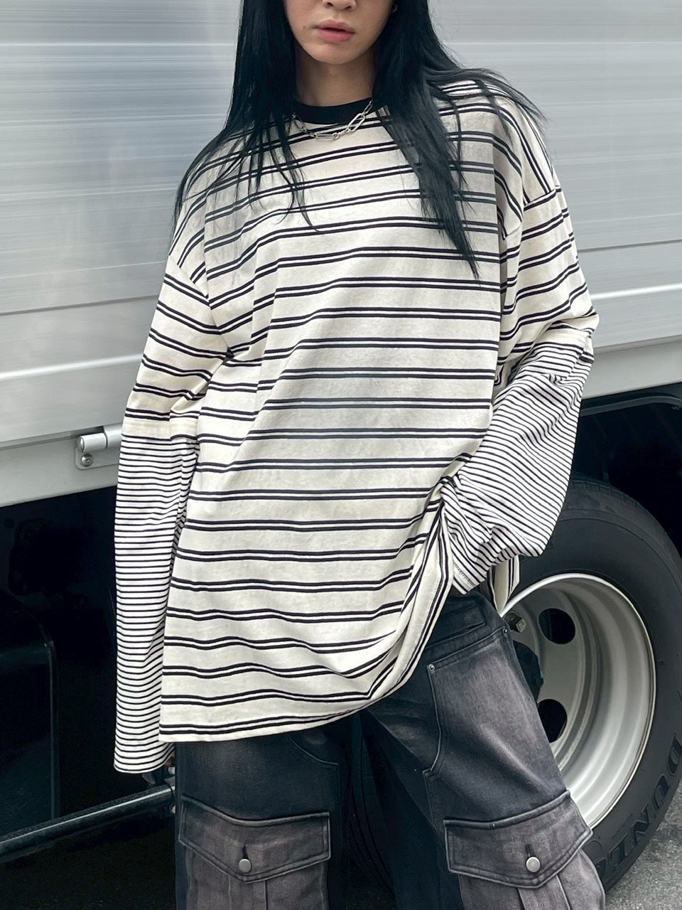 【Chikashitsu +】oversized layered border washed long sleeve / 【チカシツプラス】オーバーサイズウォッシュドレイヤードボーダー長袖Tシャツ(2color)