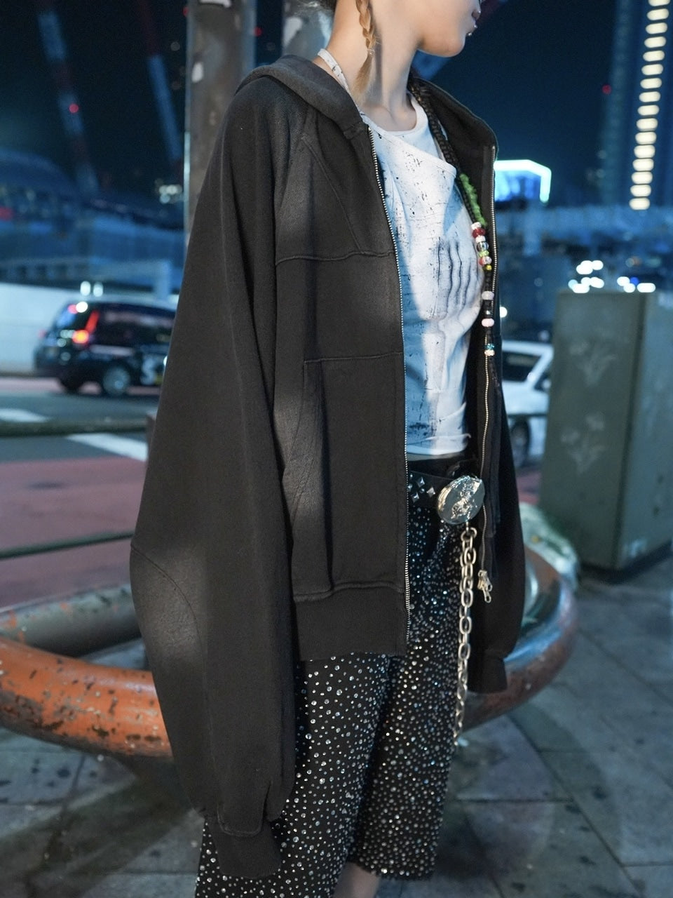 【NMTXU】rhinestone design zip parka / 【エヌエムティーエックスユー】ラインストーンデザインダブルジップパーカー