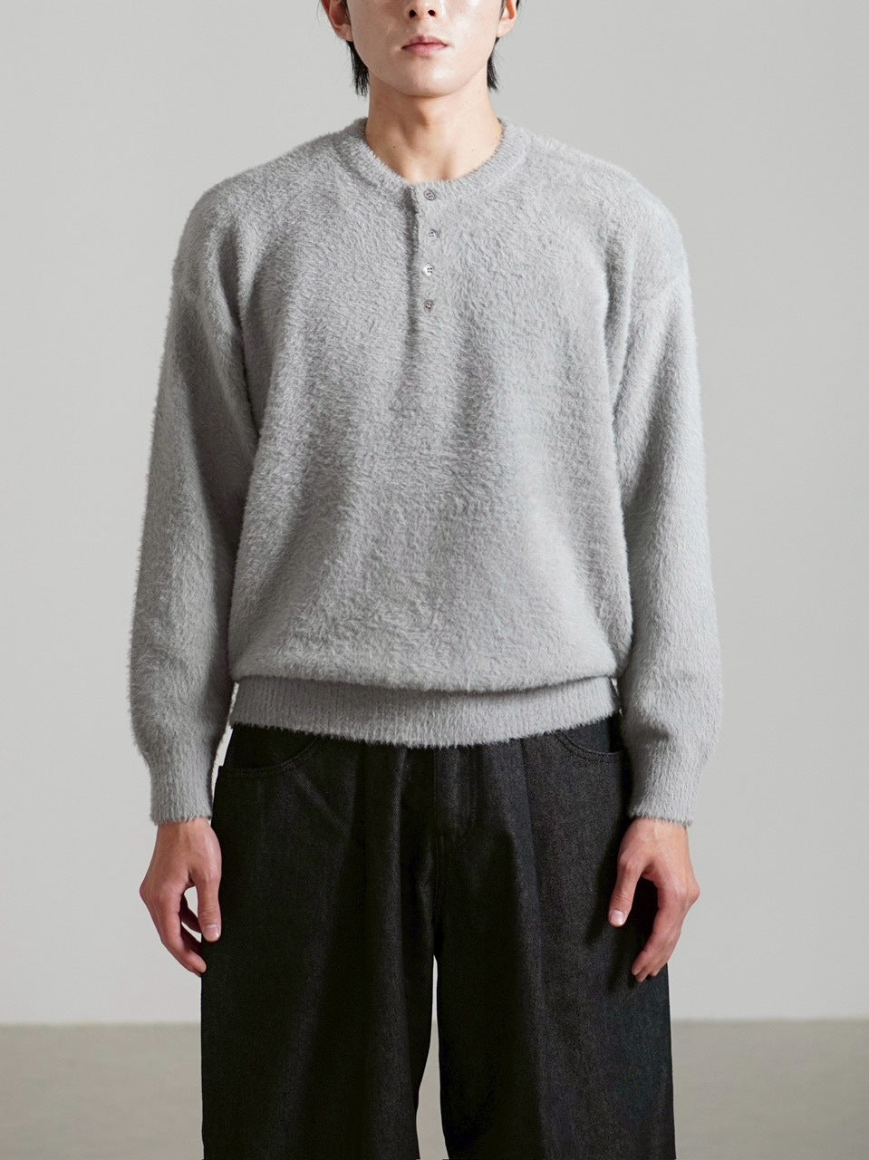 受注制【Chikashitsu +】henry neck hairy knit / 【チカシツプラス】ヘンリーネックヘアリー長袖ニット (5color)