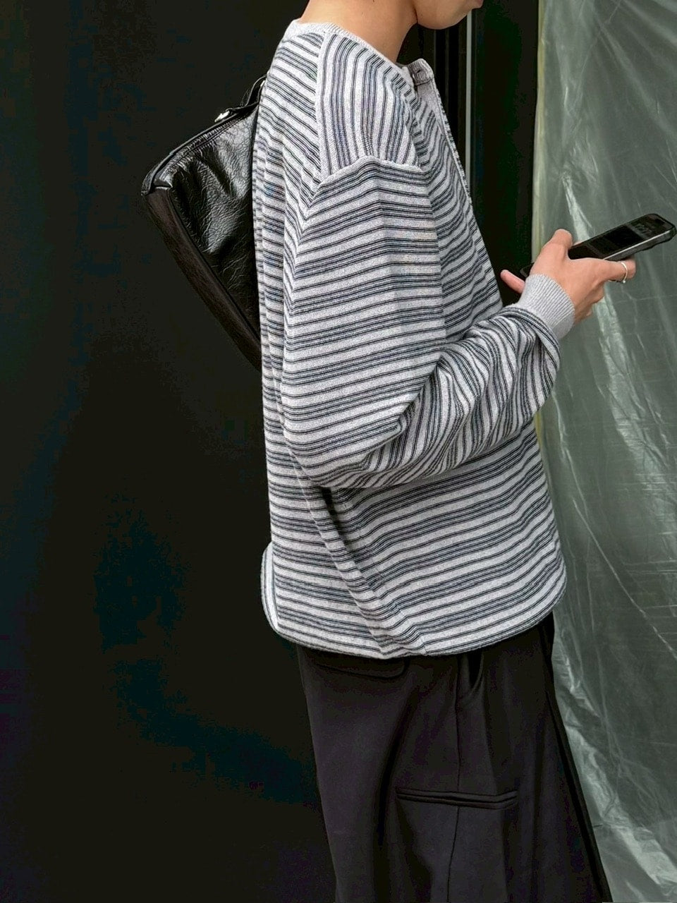 受注制【Chikashitsu +】cropped henry neck border knit / 【チカシツプラス】クロップドヘンリーネックボーダーニット (3color)