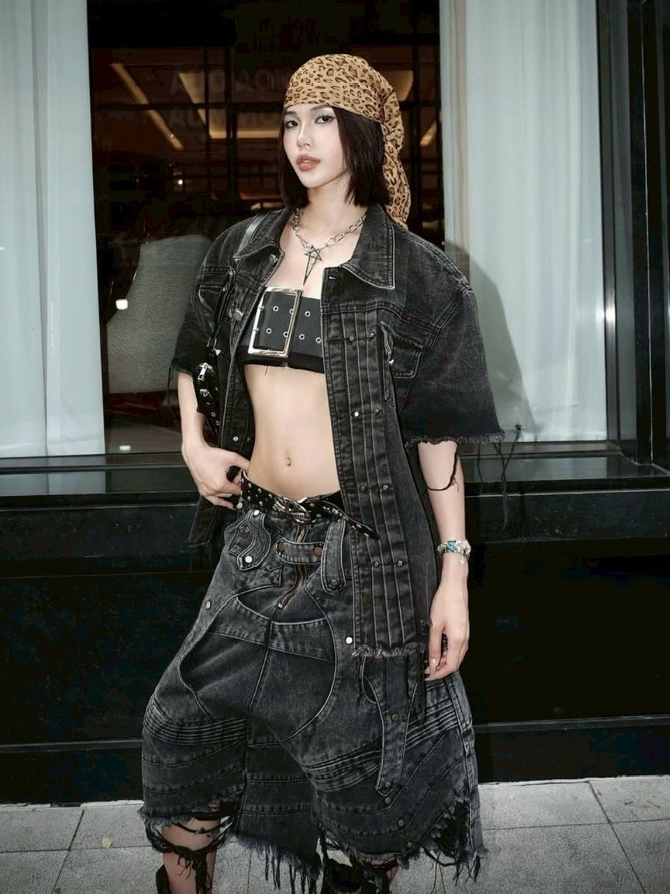 1/2 20:00再販【RICH】Knight Wide Waxed Short Pants/ 【リッチ】デザインデニムダメージハーフパンツ