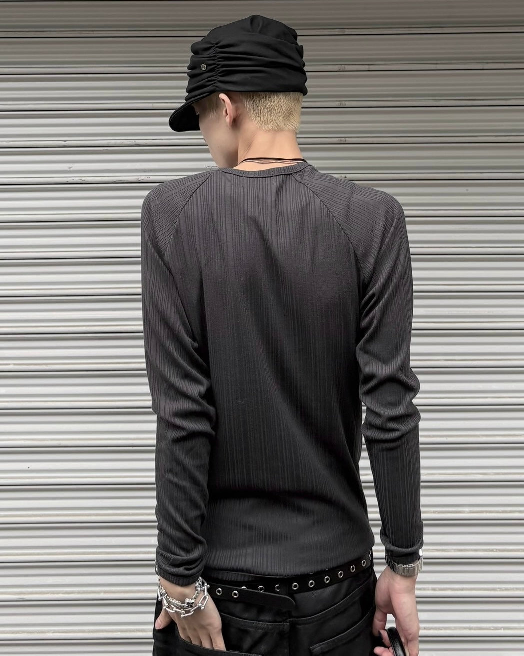 受注制【nmtc+】Snap henley neck ribbed slim top (4color)
