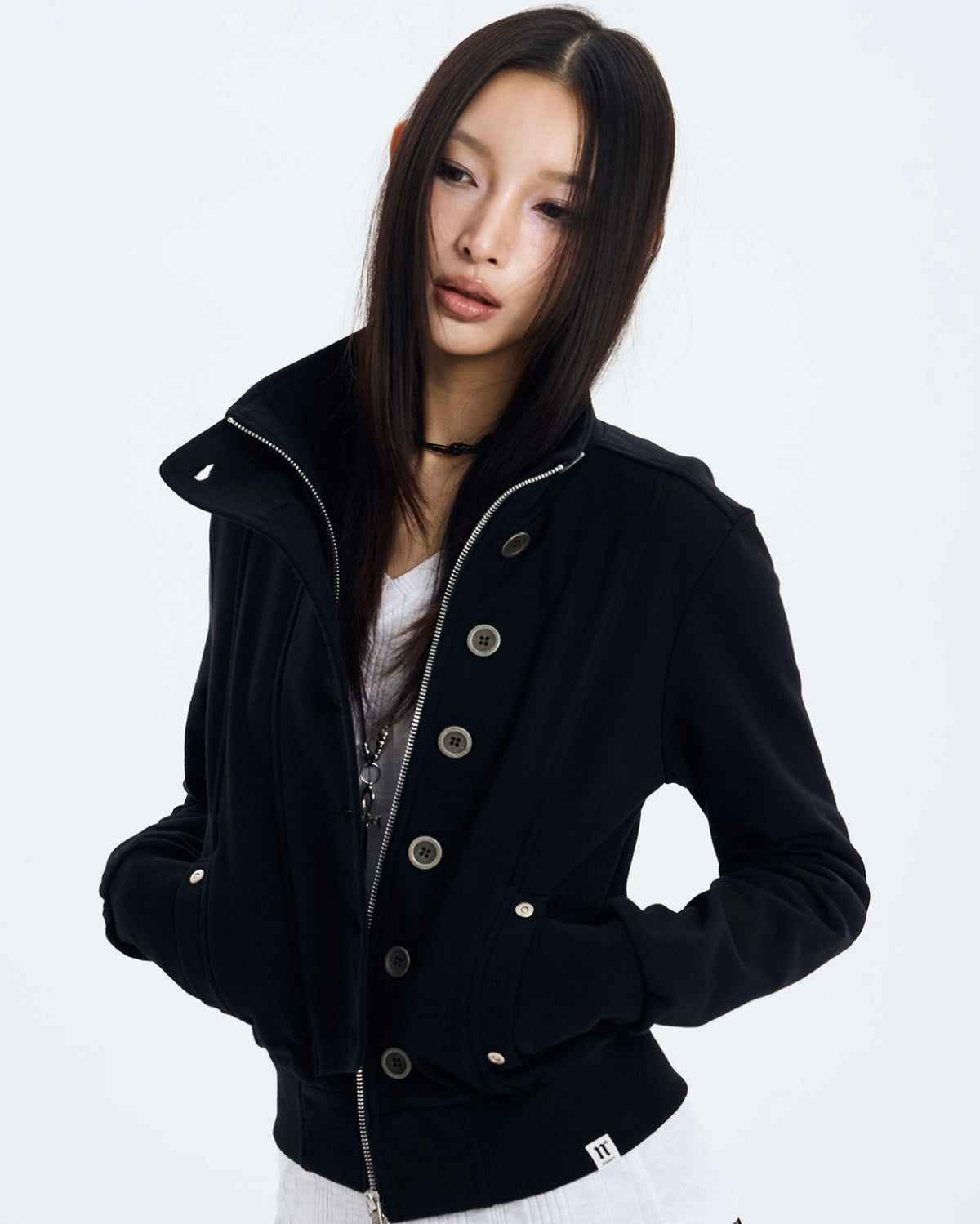 【NOT KNOWING】Button High Neck Zip Up