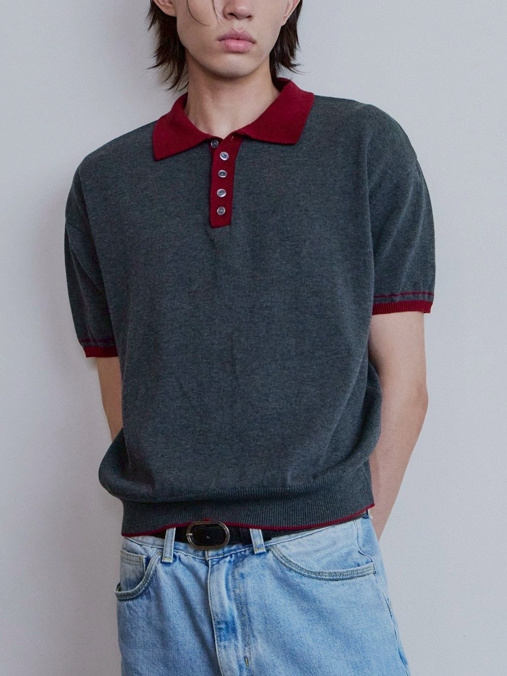 【Waviness】Accent Collar Polo Knit