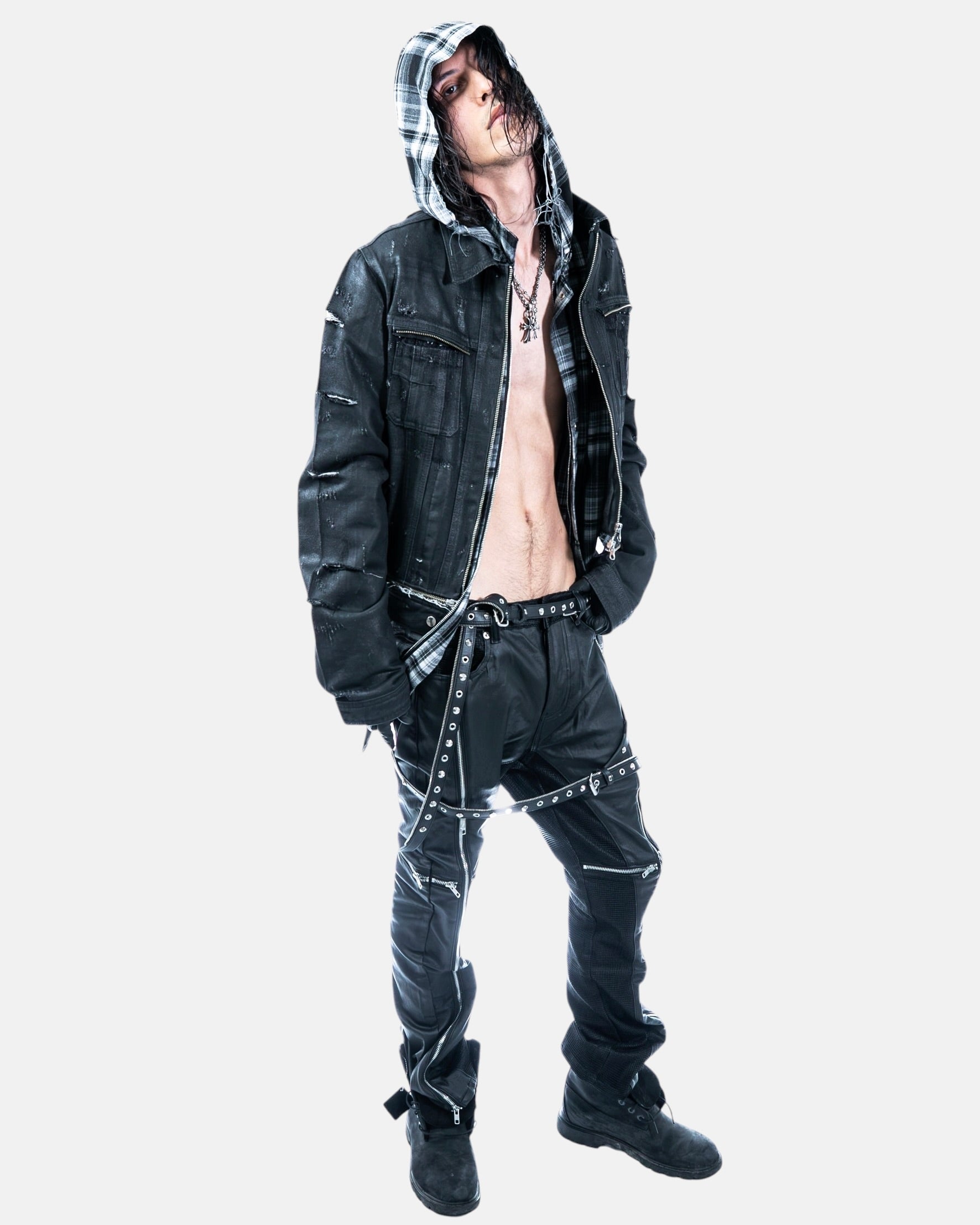 【LOIN ARMIS】Cross zip layer mesh coating jeans