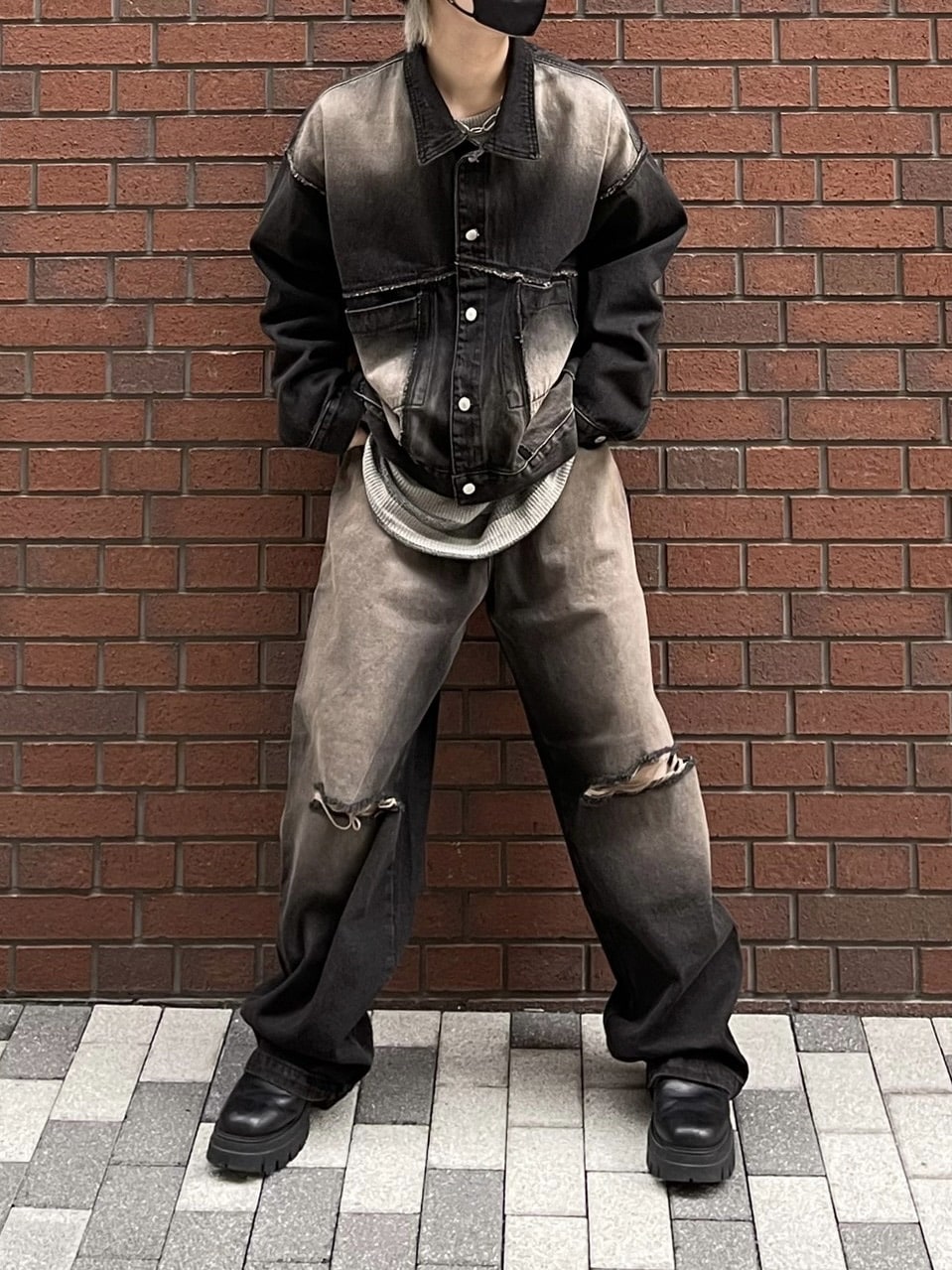 受注制【Chikashitsu +】vintage wash damage denim pants (2color)