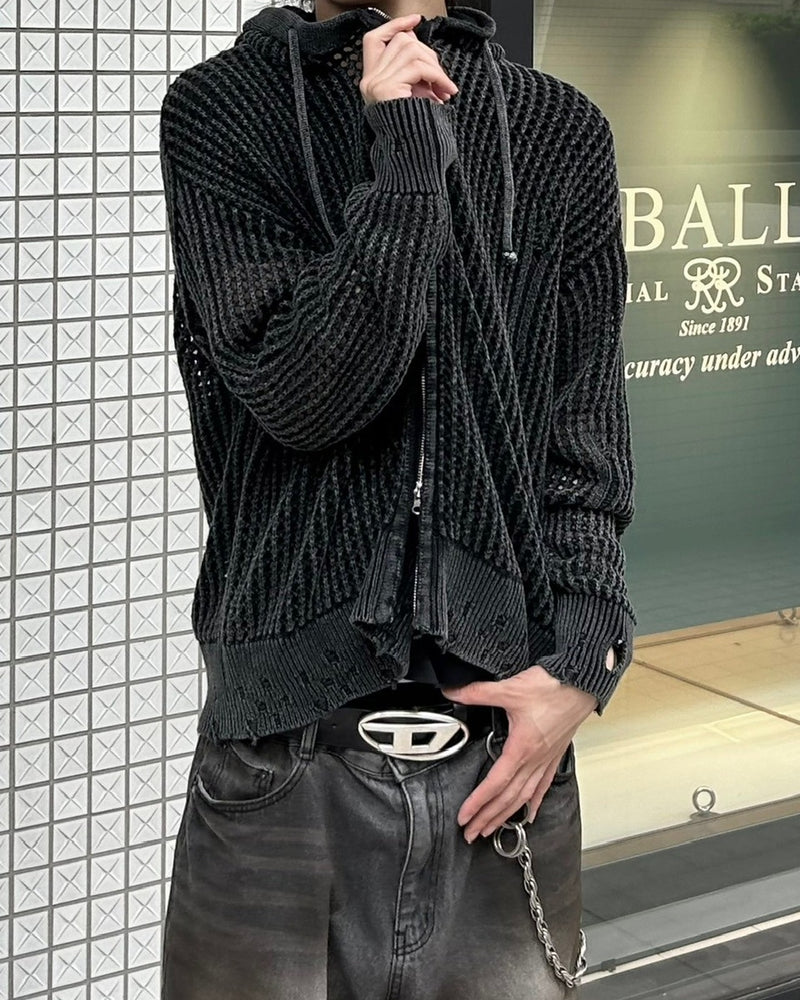 大阪店WEB限定受注制【Chikashitsu +】mesh zip damage hoodie (2color) / 【チカシツプラス】メッシュダメージジップアップ長袖パーカー