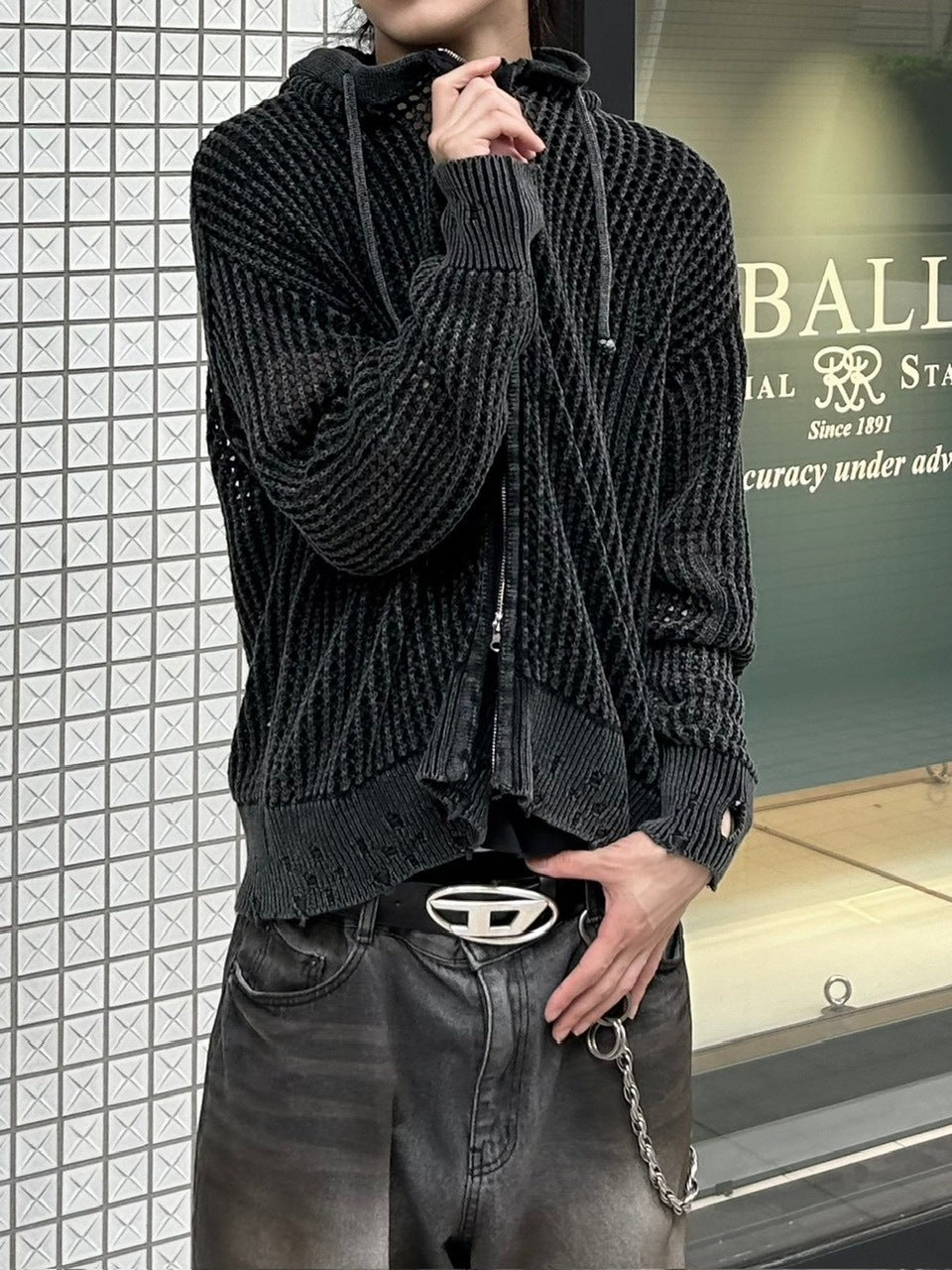 大阪店WEB限定受注制【Chikashitsu +】mesh zip damage hoodie (2color) / 【チカシツプラス】メッシュダメージジップアップ長袖パーカー