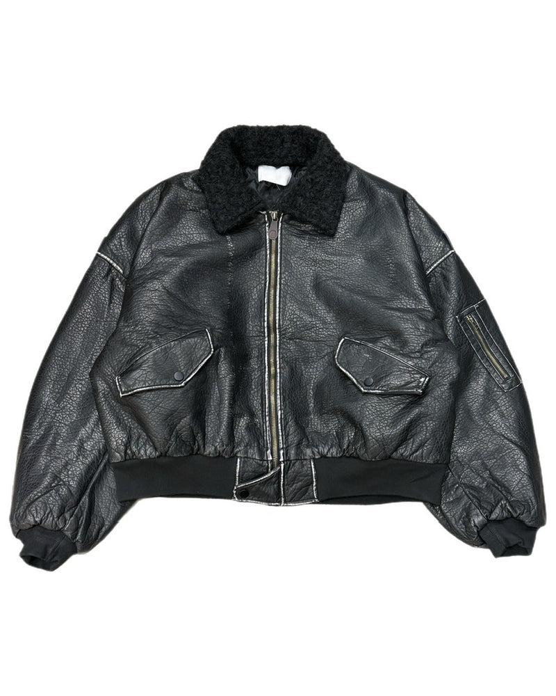 【Chikashitsu +】cropped shearing leather bomber jacket