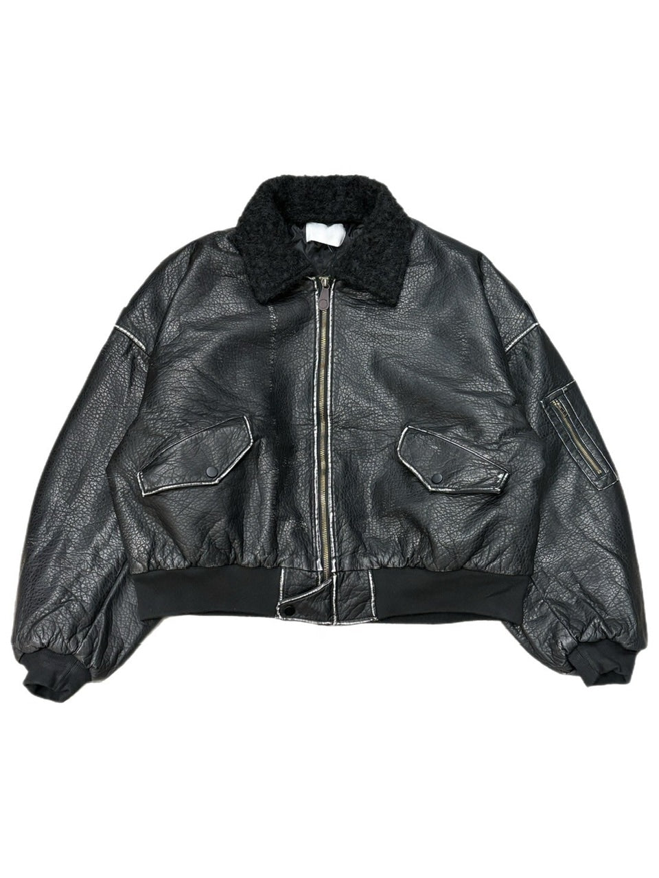 【Chikashitsu +】cropped shearing leather bomber jacket