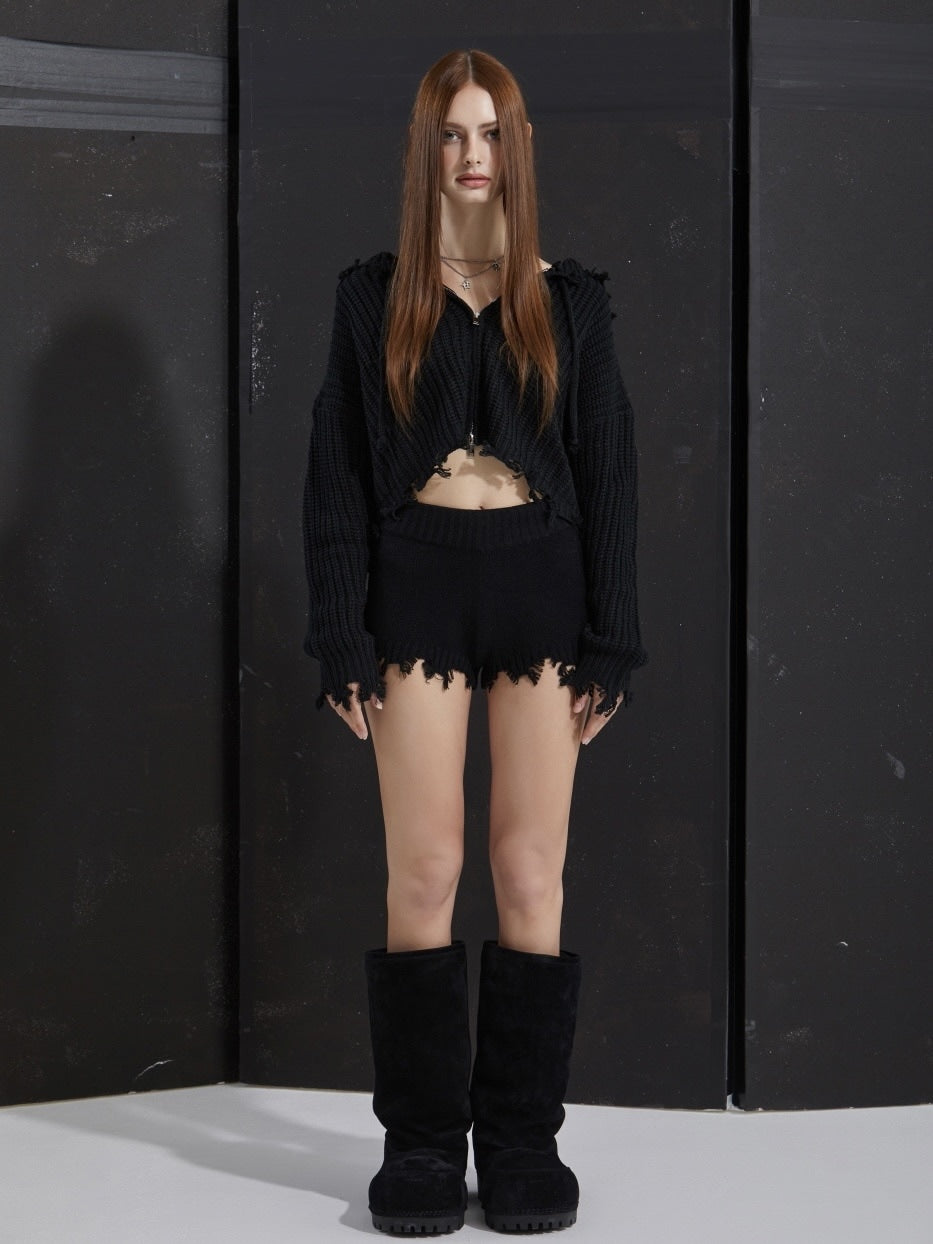 【GATELESS】RIB KNIT ZIP-UP HOODIE