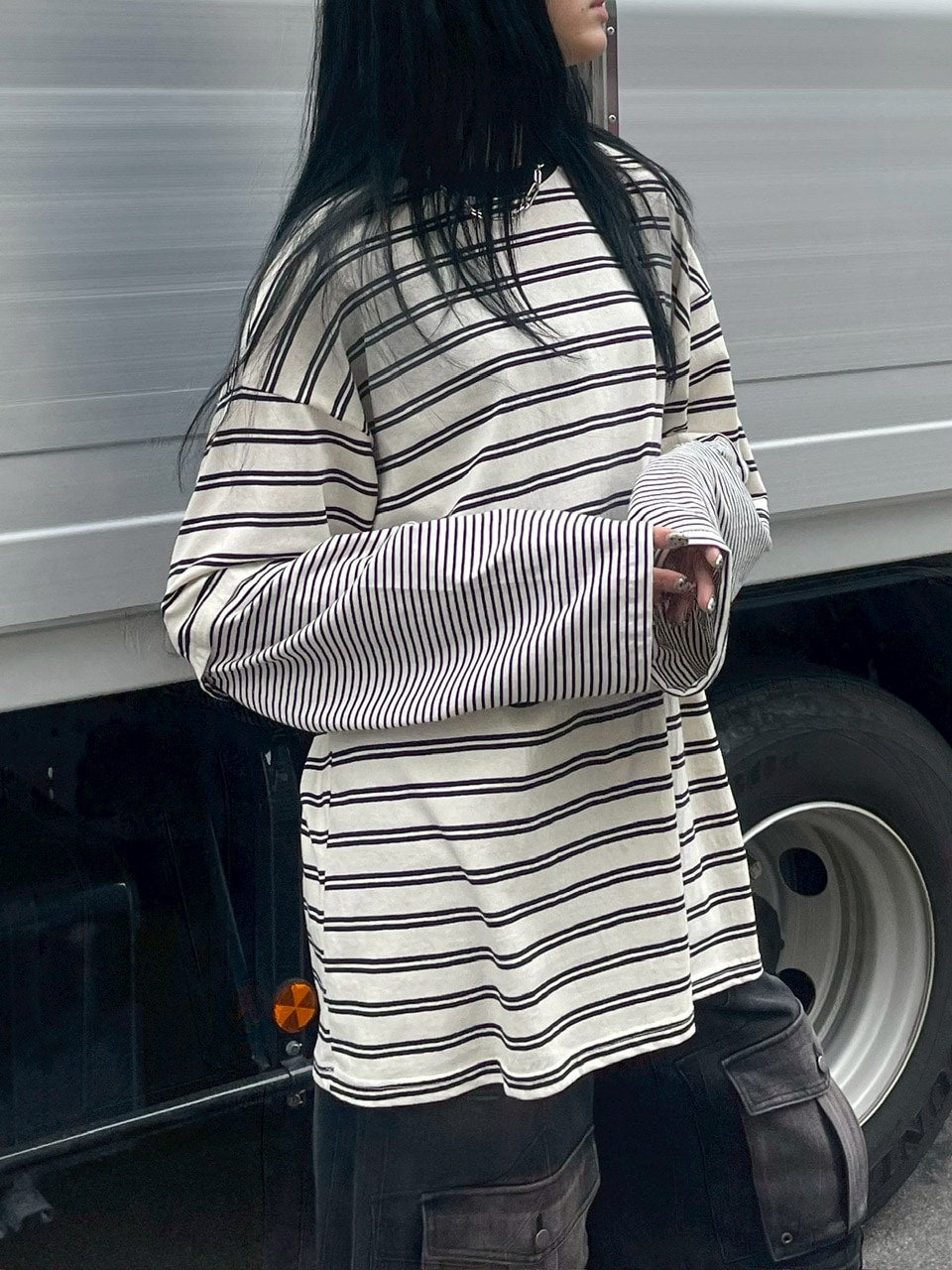 【Chikashitsu +】oversized layered border washed long sleeve / 【チカシツプラス】オーバーサイズウォッシュドレイヤードボーダー長袖Tシャツ(2color)