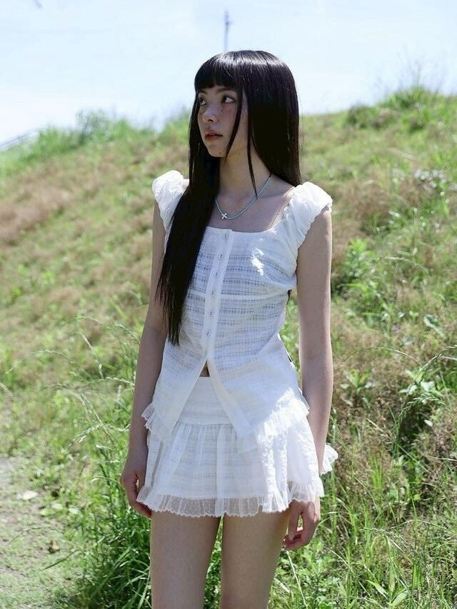 【Uglyshadow】CHECK SHIRRING BLOUSE / 【アグリーシャドウ】チェックシャーリングノースリーブブラウス